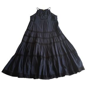 Rebecca Taylor Tiered Shirred Cotton Lace Trim Halter Tie Navy‎ Midi Dress 2
